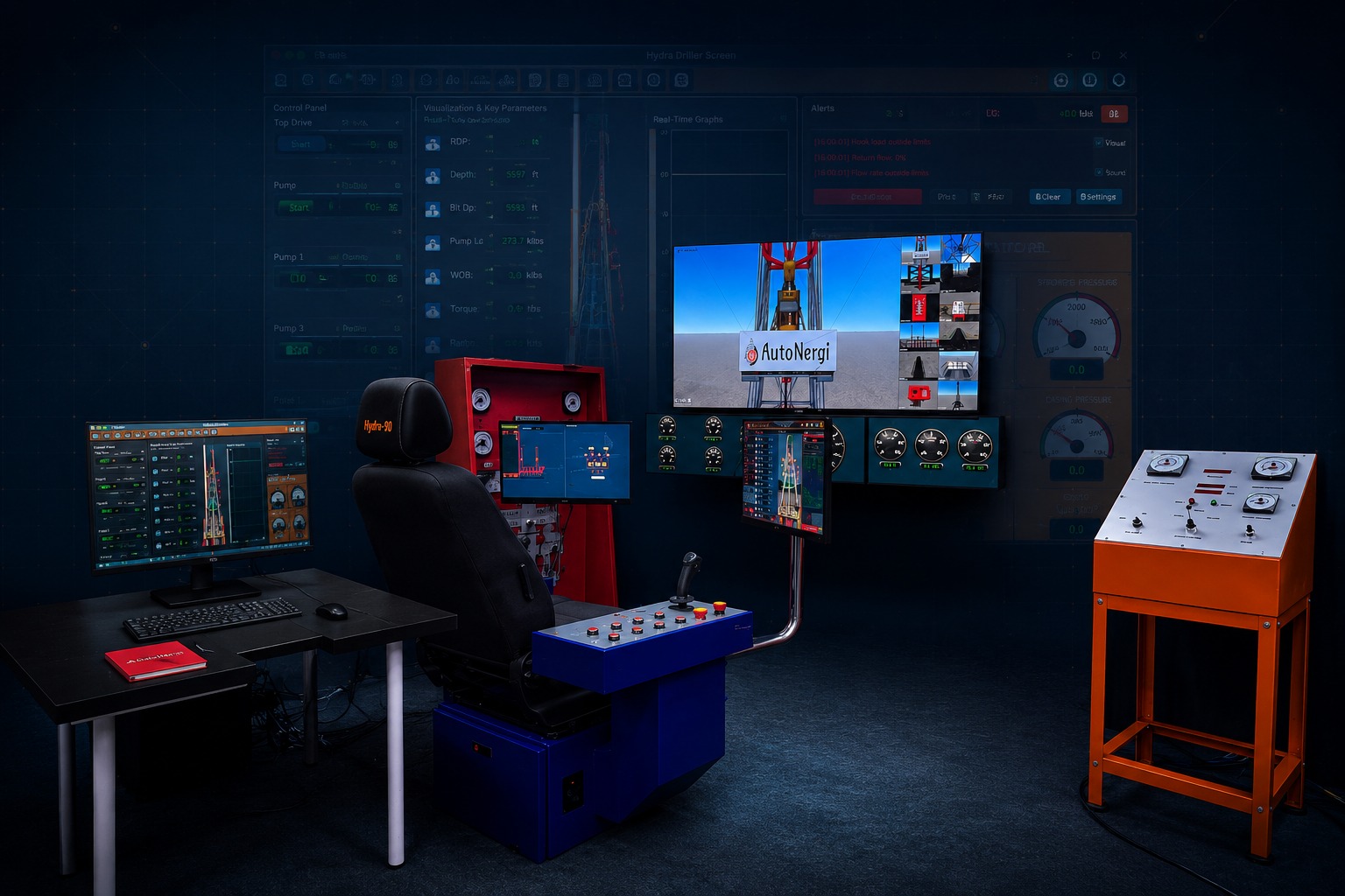 AutoNergi cyber-chair drilling simulator station with multi-screen well control displays